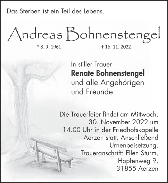 Traueranzeige von Andreas Bohnenstengel von Deister- und Weserzeitung