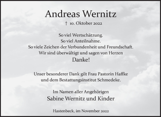 Traueranzeige von Andreas Wernitz von Deister- und Weserzeitung