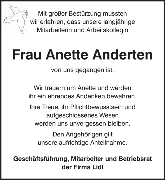 Traueranzeige von Anette Anderten von Neue Deister-Zeitung