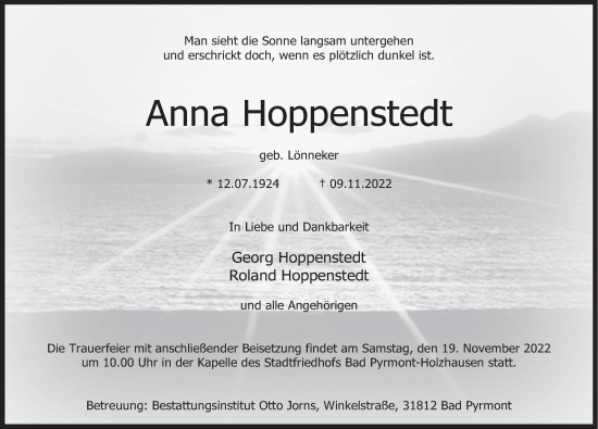 Traueranzeige von Anna Hoppenstedt von Deister- und Weserzeitung