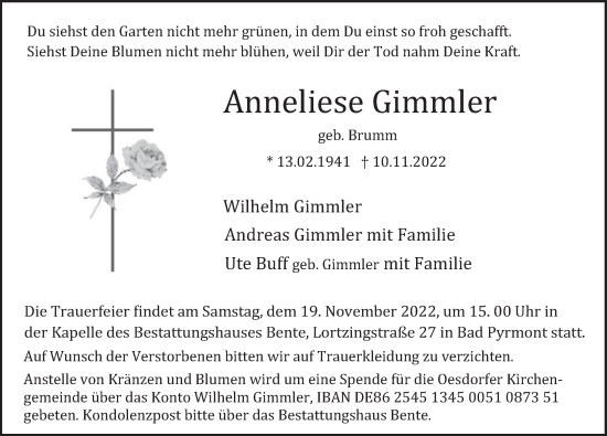Traueranzeige von Anneliese Gimmler von Deister- und Weserzeitung