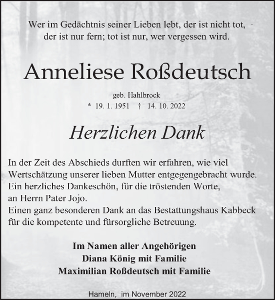 Traueranzeige von Anneliese Roßdeutsch von Deister- und Weserzeitung
