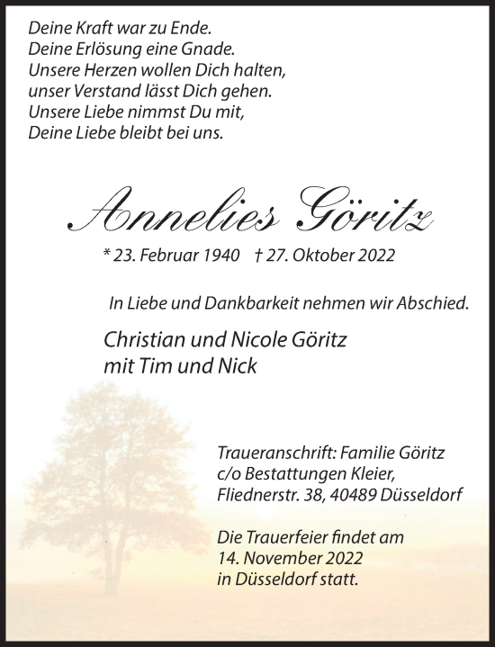 Traueranzeige von Annelies Göritz  von Deister- und Weserzeitung