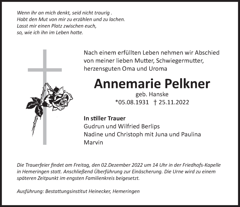  Traueranzeige für Annemarie Pelkner vom 29.11.2022 aus Deister- und Weserzeitung