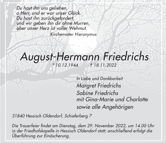 Traueranzeige von August-Hermann Friedrichs von Deister- und Weserzeitung
