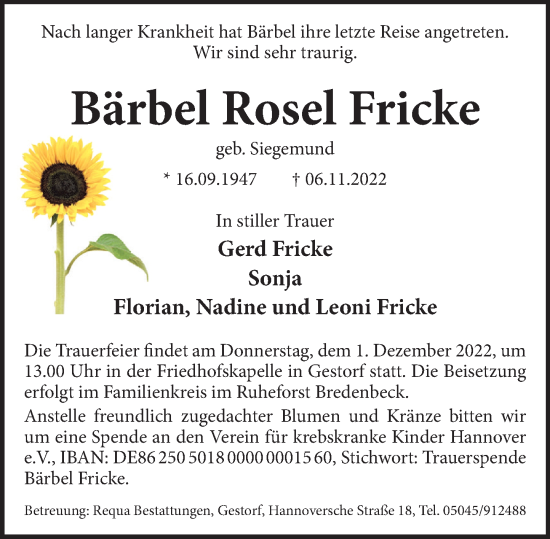 Traueranzeige von Bärbel Rosel Fricke von Neue Deister-Zeitung