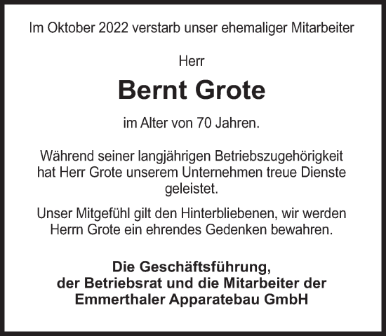 Traueranzeige von Bernt Grote von Deister- und Weserzeitung