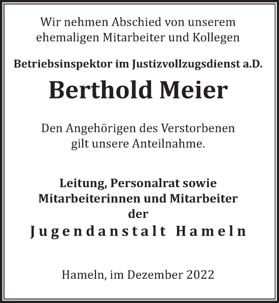 Traueranzeige von Berthold Meier von Deister- und Weserzeitung