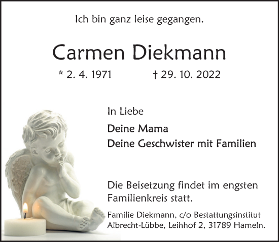 Traueranzeige von Carmen Diekmann von Deister- und Weserzeitung