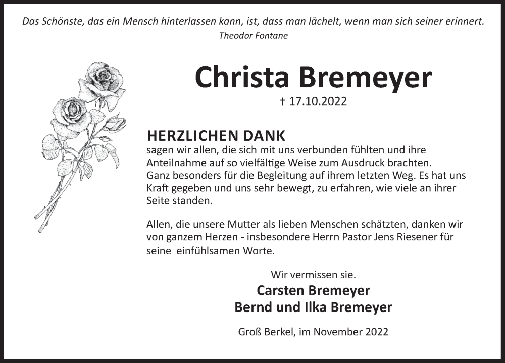  Traueranzeige für Christa Bremeyer vom 19.11.2022 aus Deister- und Weserzeitung