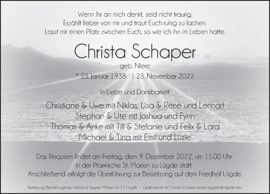 Traueranzeige von Christa Schaper von Deister- und Weserzeitung