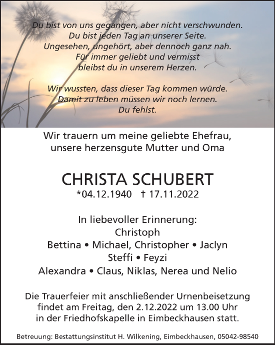 Traueranzeige von Christa Schubert von Neue Deister-Zeitung
