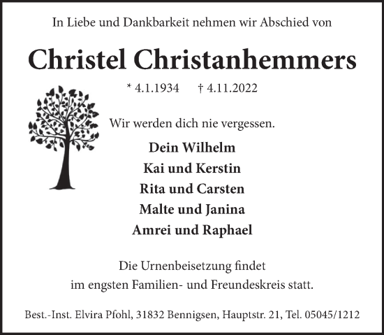 Traueranzeige von Christel Christanhemmers von Neue Deister-Zeitung