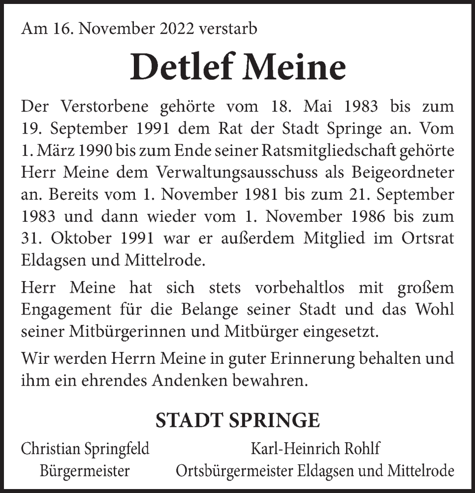  Traueranzeige für Detlef Meine vom 19.11.2022 aus Neue Deister-Zeitung