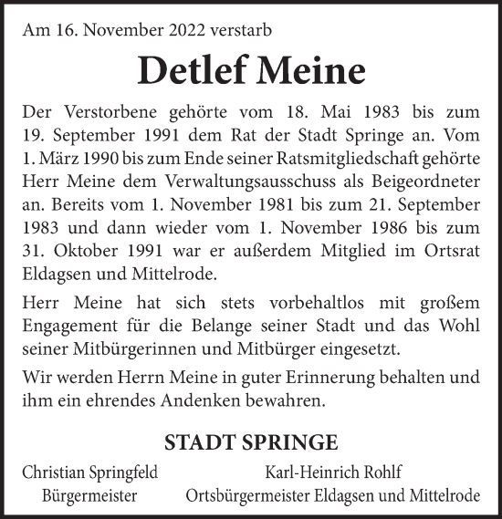 Traueranzeige von Detlef Meine von Neue Deister-Zeitung