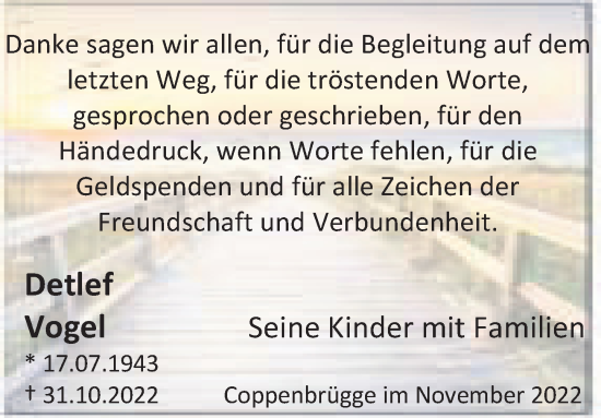 Traueranzeige von Detlef Vogel von Deister- und Weserzeitung