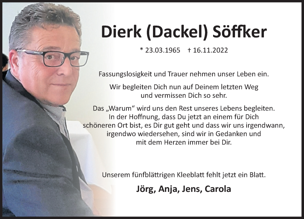  Traueranzeige für Dierk Söffker vom 26.11.2022 aus Deister- und Weserzeitung