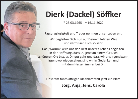 Traueranzeige von Dierk Söffker von Deister- und Weserzeitung