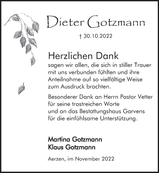 Traueranzeige von Dieter Gotzmann von Deister- und Weserzeitung