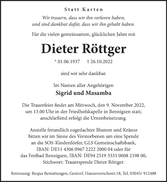 Traueranzeige von Dieter Röttger von Neue Deister-Zeitung