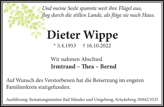 Traueranzeige von Dieter Wippe von Neue Deister-Zeitung