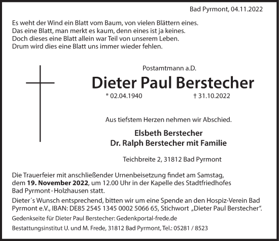 Traueranzeige von Dieter Paul Berstecher von Deister- und Weserzeitung
