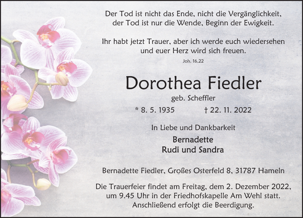  Traueranzeige für Dorothea Fiedler vom 26.11.2022 aus Deister- und Weserzeitung
