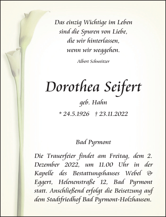 Traueranzeige von Dorothea Seifert von Deister- und Weserzeitung