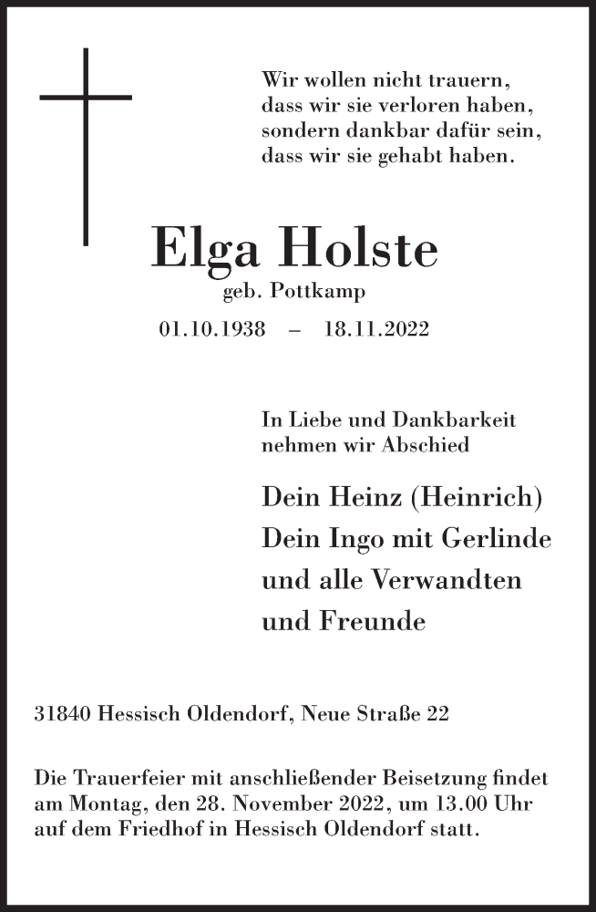  Traueranzeige für Elga Holste vom 23.11.2022 aus Deister- und Weserzeitung