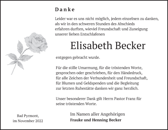 Traueranzeige von Elisabeth Becker von Deister- und Weserzeitung