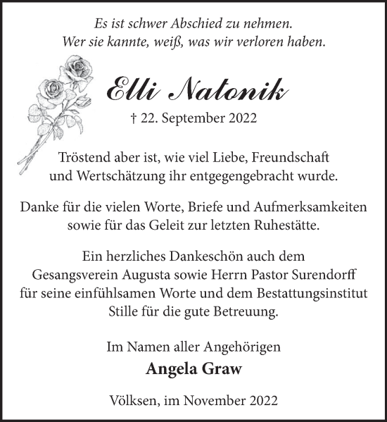 Traueranzeige von Elli Natonik von Neue Deister-Zeitung