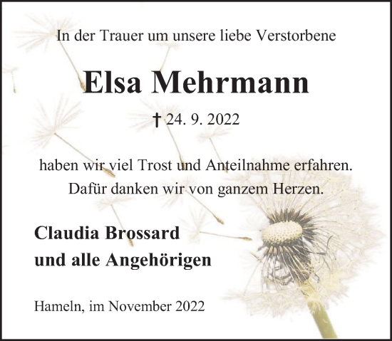 Traueranzeige von Elsa Mehrmann von Deister- und Weserzeitung