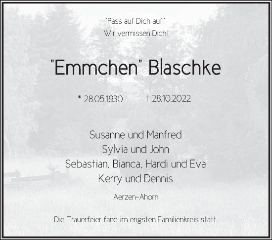 Traueranzeige von Emmchen Blaschke von Deister- und Weserzeitung