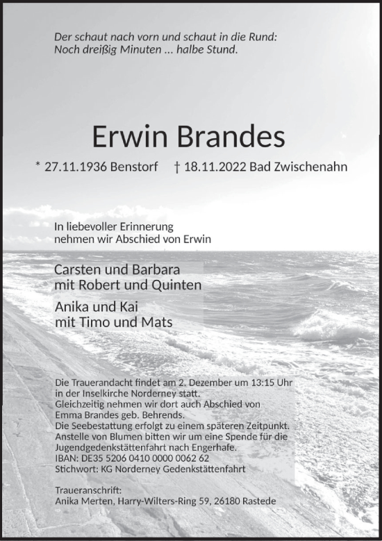 Traueranzeige von Erwin Brandes von Deister- und Weserzeitung