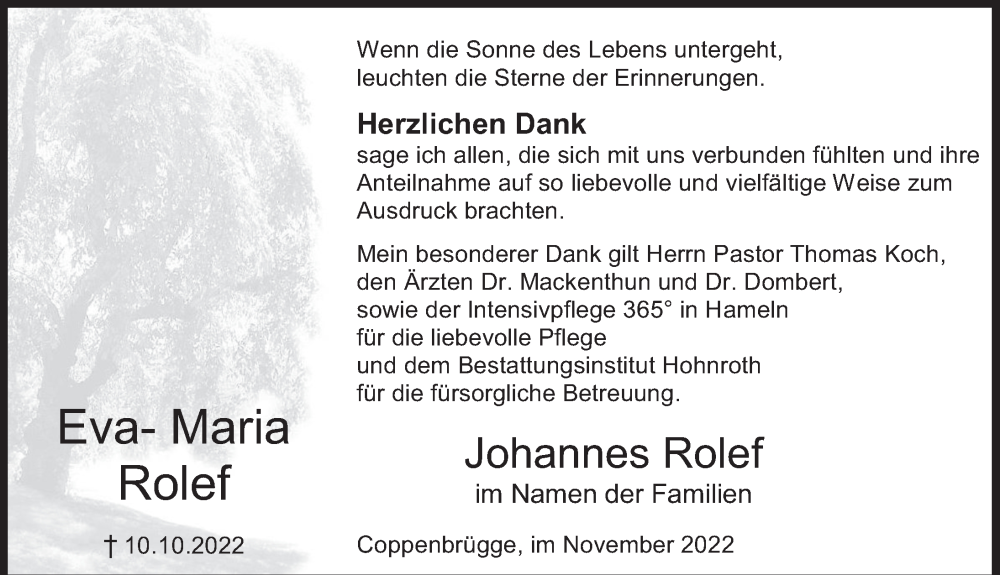  Traueranzeige für Eva-Maria Rolef vom 19.11.2022 aus Deister- und Weserzeitung