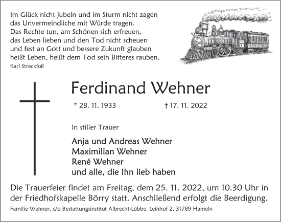 Traueranzeige von Ferdinand Wehner von Deister- und Weserzeitung