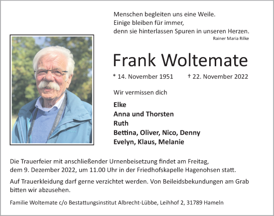 Traueranzeige von Frank Woltemate von Deister- und Weserzeitung
