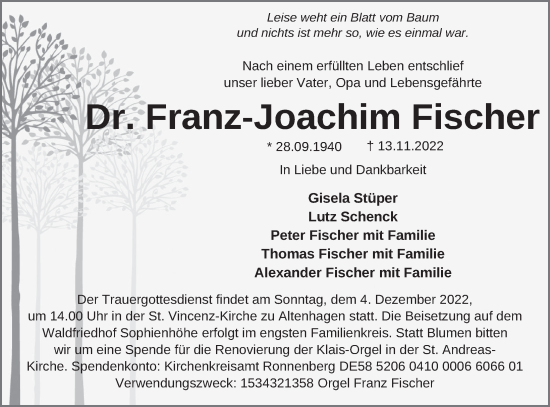 Traueranzeige von Franz-Joachim Fischer von Deister- und Weserzeitung