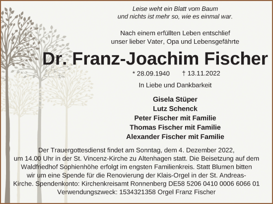 Traueranzeige von Franz-Joachim Fischer von Neue Deister-Zeitung