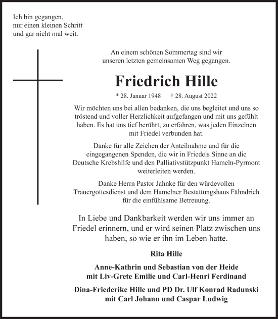 Traueranzeige von Friedrich Hille von Deister- und Weserzeitung