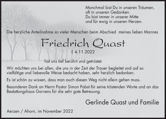 Traueranzeige von Friedrich Quast von Deister- und Weserzeitung