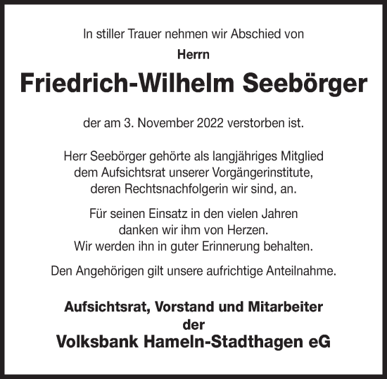 Traueranzeige von Friedrich-Wilhelm Seebörger von Deister- und Weserzeitung