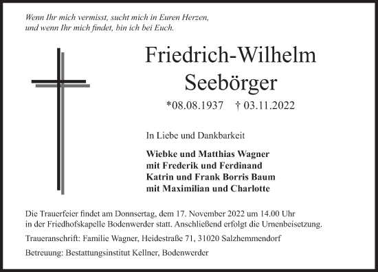 Traueranzeige von Friedrich-Wilhelm Seebörger von Deister- und Weserzeitung
