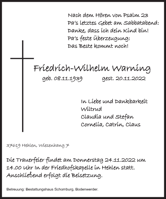 Traueranzeige von Friedrich-Wilhelm Warning von Deister- und Weserzeitung