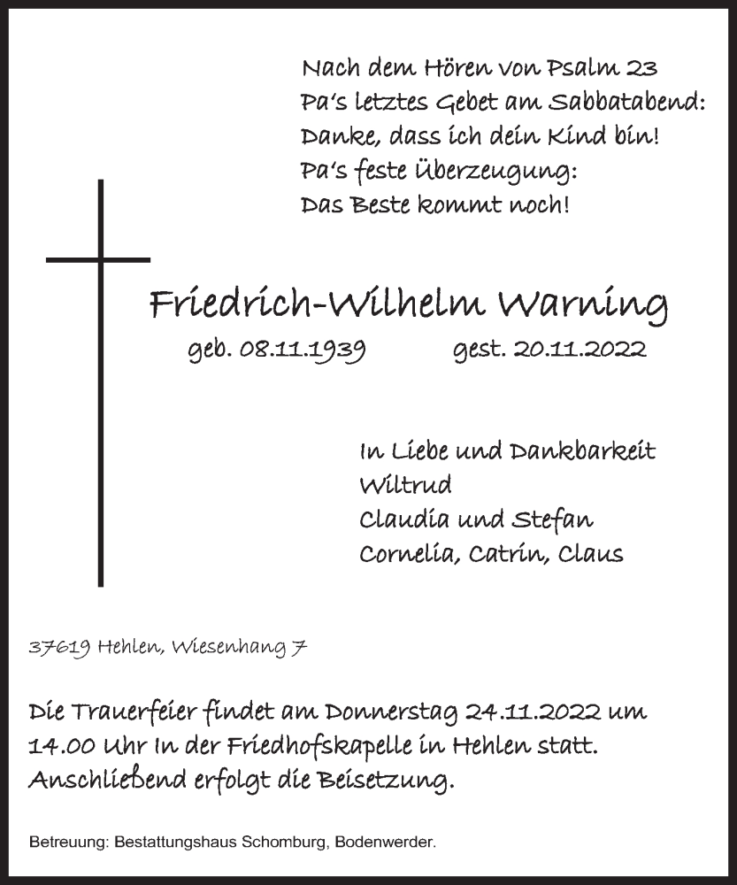  Traueranzeige für Friedrich-Wilhelm Warning vom 22.11.2022 aus Deister- und Weserzeitung