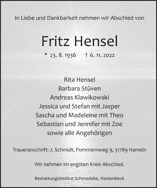 Traueranzeige von Fritz Hensel von Deister- und Weserzeitung