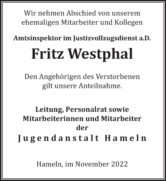 Traueranzeige von Fritz Westphal von Deister- und Weserzeitung