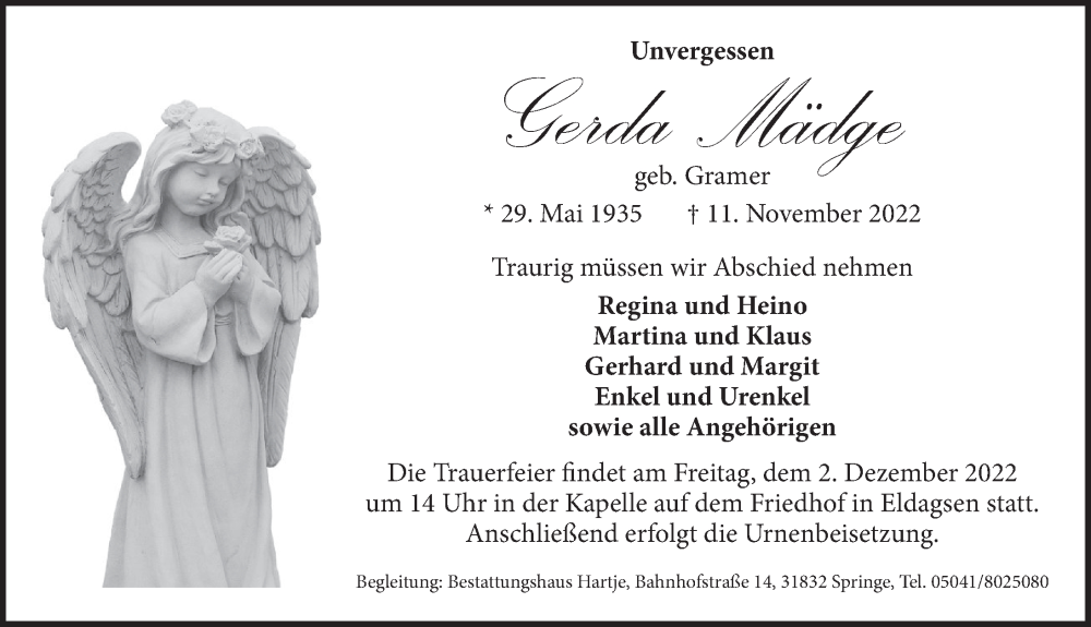  Traueranzeige für Gerda Mädge vom 19.11.2022 aus Neue Deister-Zeitung