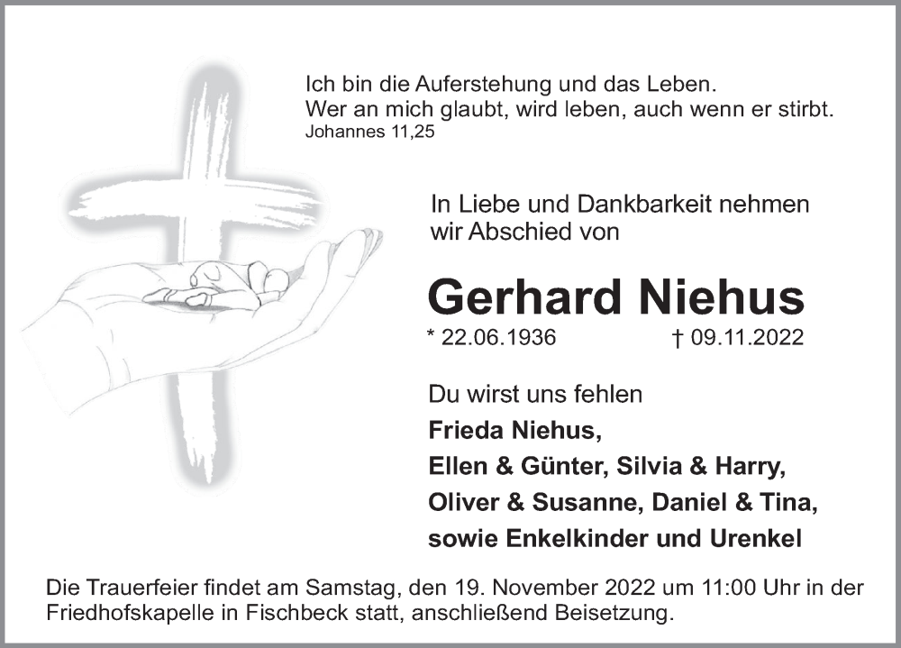  Traueranzeige für Gerhard Niehus vom 16.11.2022 aus Deister- und Weserzeitung