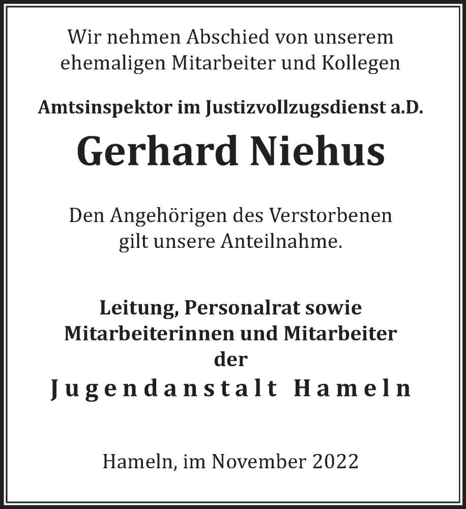  Traueranzeige für Gerhard Niehus vom 19.11.2022 aus Deister- und Weserzeitung